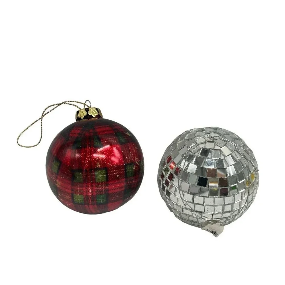 2 Hanging Silver Disco Ball Mirror and Plaid Ball Christmas Tree Ornament